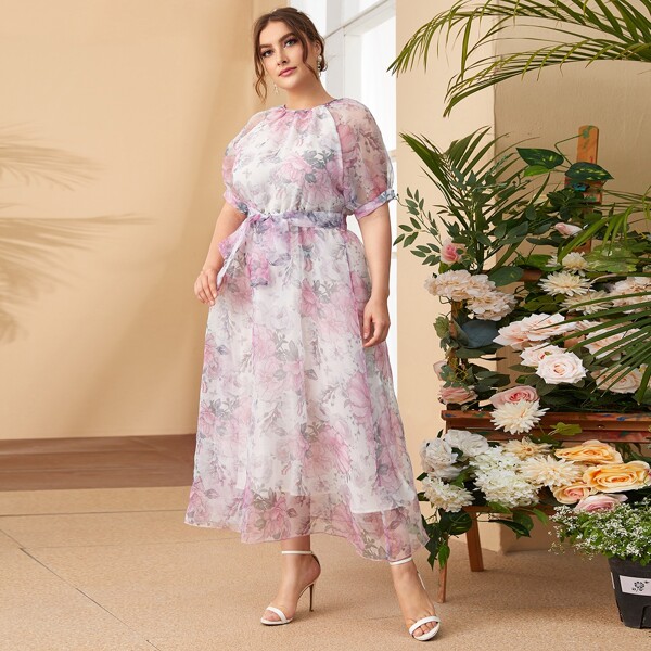 

Plus Puff Sleeve Floral Print Belted Dress, Multicolor