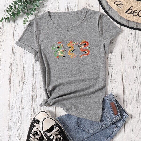 

Cartoon Dragon Print Tee, Grey