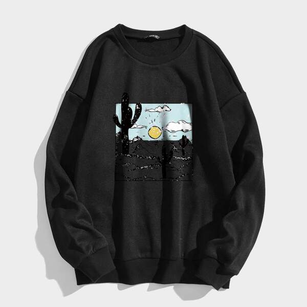 

Cactus Print Drop Shoulder Thermal Lined Sweatshirt, Black