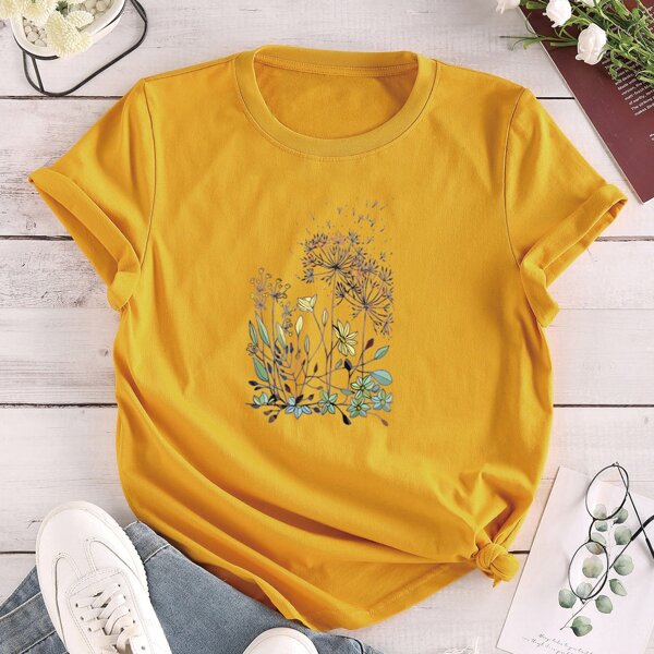 

Flower Print Short Sleeve Tee, Mustard yellow