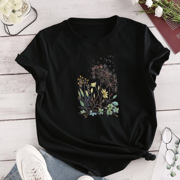 

Flower Print Short Sleeve Tee, Black