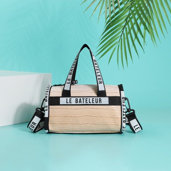 

Letter Graphic Croc Embossed Bucket Bag, Khaki