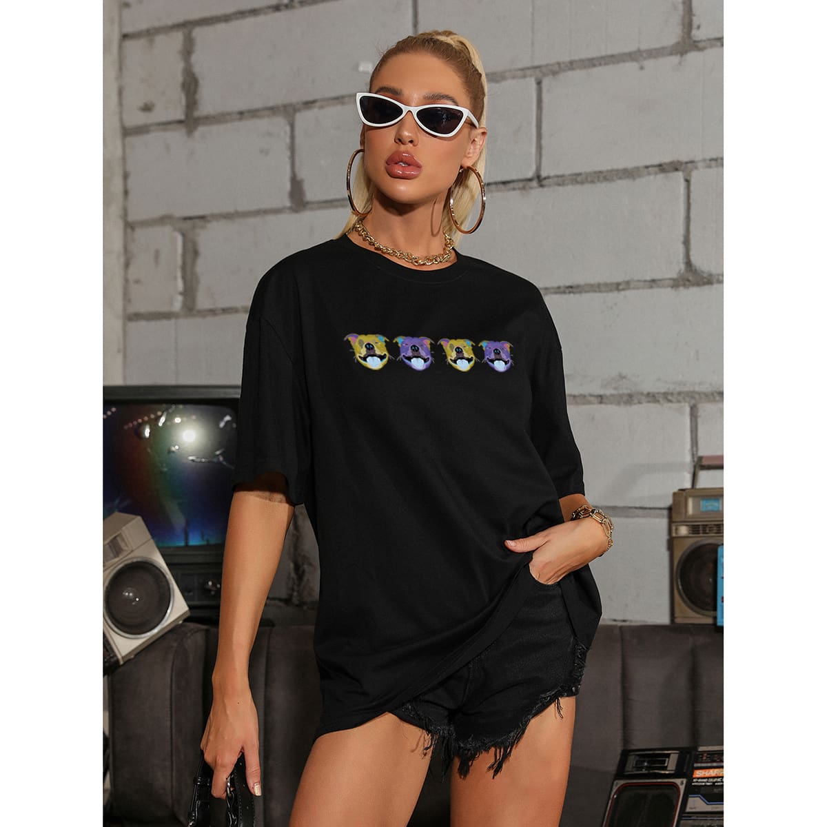 

Dog Print Drop Shoulder Oversized Tee, Black