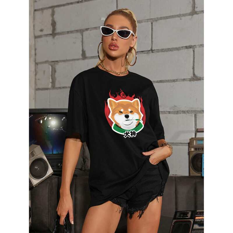 

Chinese Letter And Dog Print Oversized Tee, Black