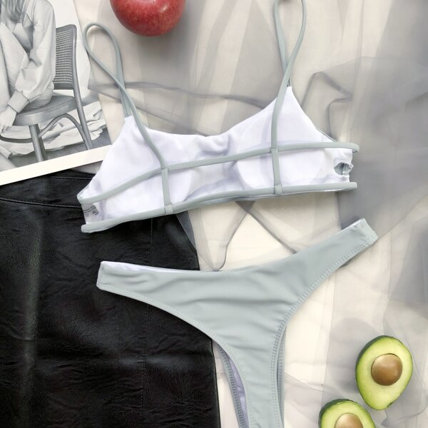 

Cut-out Back Thong Bikini Swimsuit, Grey