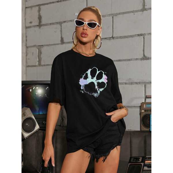 

Paw Print Drop Shoulder Oversized Tee, Black