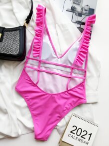 Ruffle Trim One Piece Swimsuit, For Summer Beach Vacation - Pink - View 2