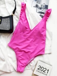 Ruffle Trim One Piece Swimsuit, For Summer Beach Vacation - Pink - View 3