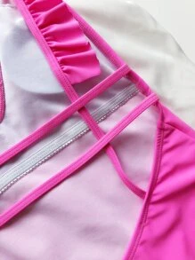 Ruffle Trim One Piece Swimsuit, For Summer Beach Vacation - Pink - View 4