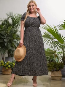 Plus Puff Sleeve Ditsy Floral Dress