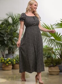 Plus Puff Sleeve Ditsy Floral Dress