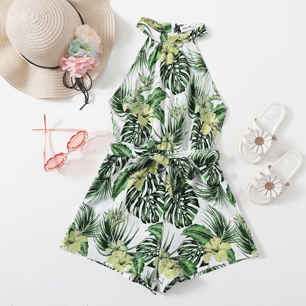 

Girls Self Belted Tropical Print Halter Romper, Multicolor