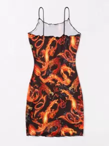 SHEIN Coolane 大碼木耳邊火和中國龍印花吊帶洋裝 - 彩色 - 查看 2