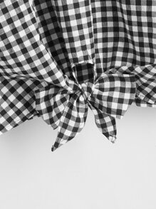 SHEIN LUNE 大碼蝙蝠袖繫帶下擺格紋上衣 - 黑與白 - 查看 3