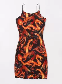 SHEIN Coolane 大碼木耳邊火和中國龍印花吊帶洋裝 - 彩色 - 查看 3