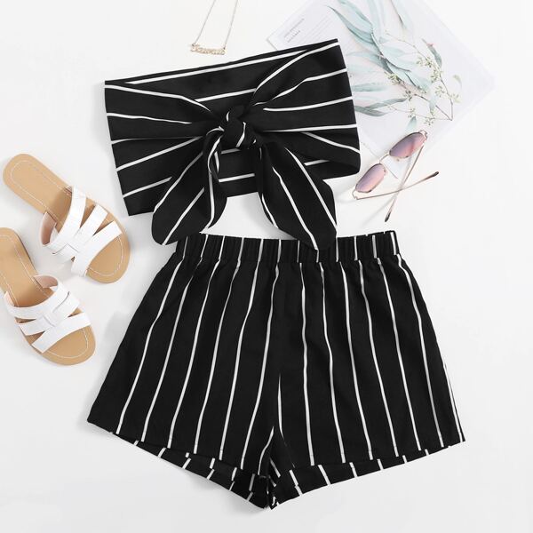 

Plus Tie Front Striped Tube Top & Shorts Set, Black