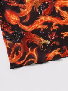 SHEIN Coolane 大碼木耳邊火和中國龍印花吊帶洋裝 - 彩色 - 查看 4