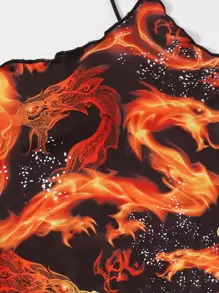 SHEIN Coolane 大碼木耳邊火和中國龍印花吊帶洋裝 - 彩色 - 查看 5