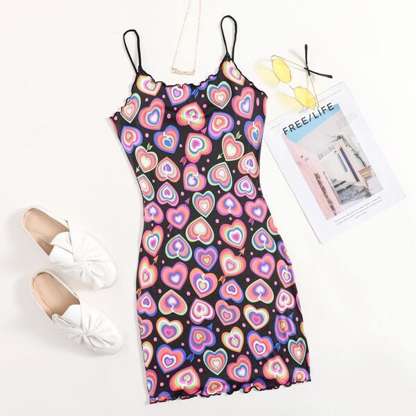 

Plus Lettuce Trim Heart Print Bodycon Dress, Multicolor