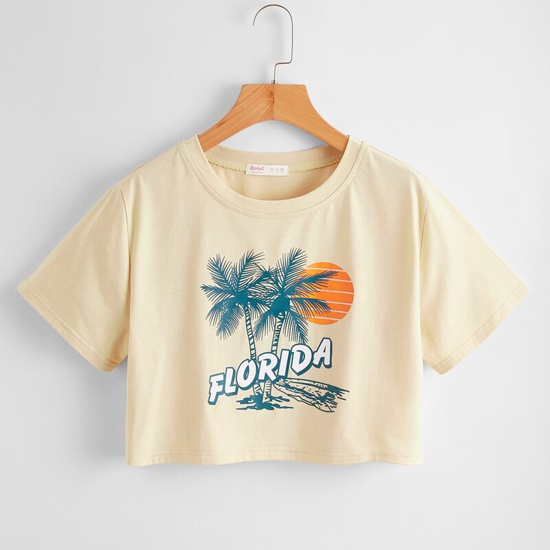 

Letter Tropical Graphic Crop Tee, Beige