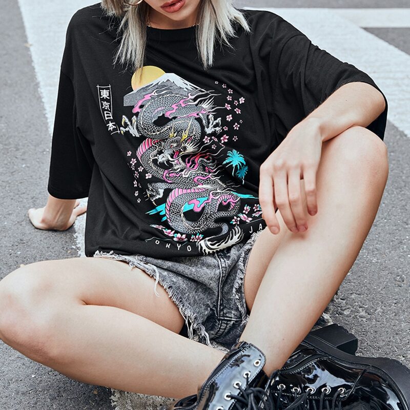 

Letter Chinese Dragon Graphic Oversized Tee, Black
