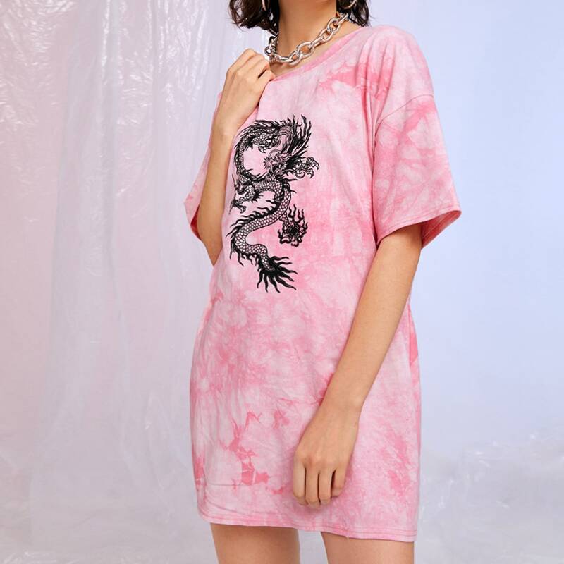 

Chinese Dragon Graphic Tie Dye Tee Dress, Pink
