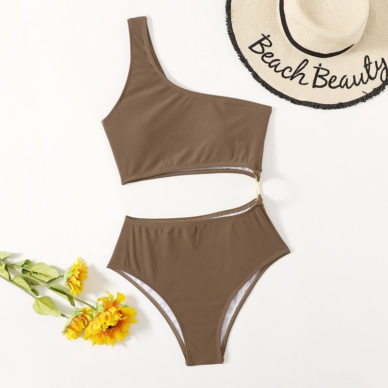 

One Shoulder Ring Linked One Piece Swimsuit, Brown