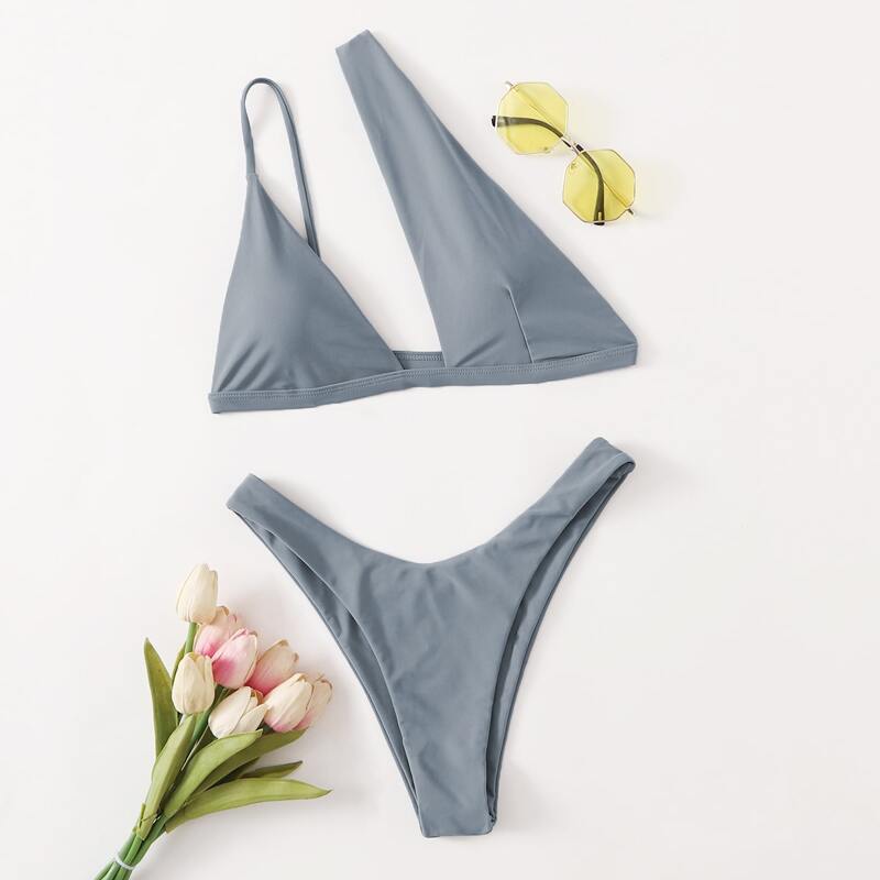 

Solid Asymmetrical Neck Bikini Swimsuit, Grey