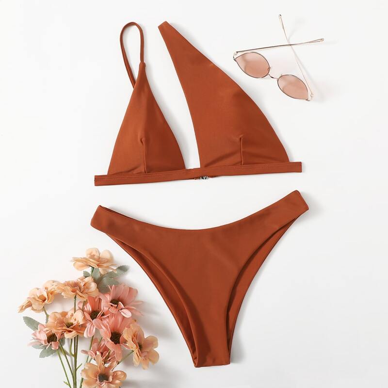

Solid One Shoulder Asymmetrical High Cut Bikini Swimsuit, Rust brown