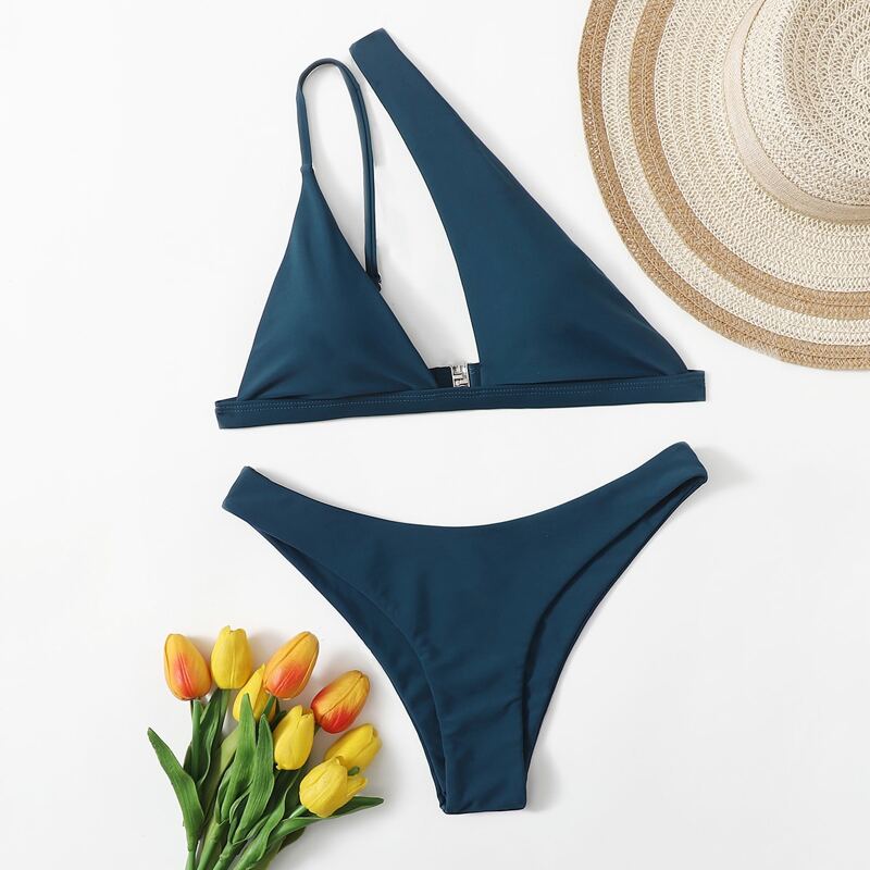 

Solid One Shoulder Bikini Swimsuit, Dusty blue