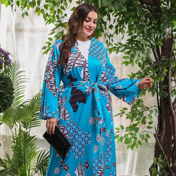 

Plus Flower Print Belted Kimono, Multicolor