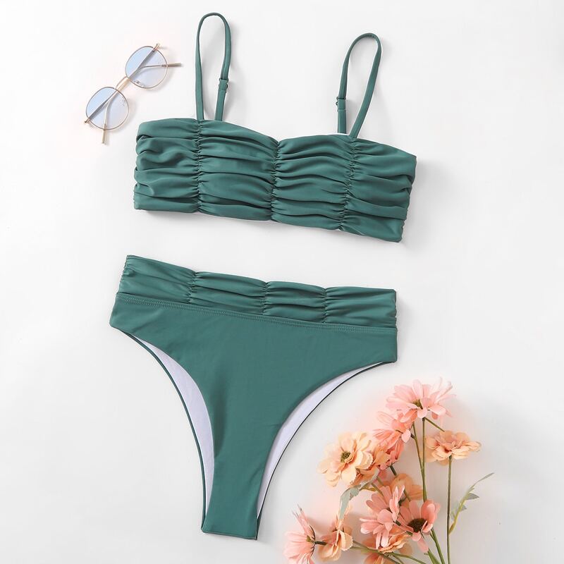 

Plain Ruched Bikini Swimsuit, Green