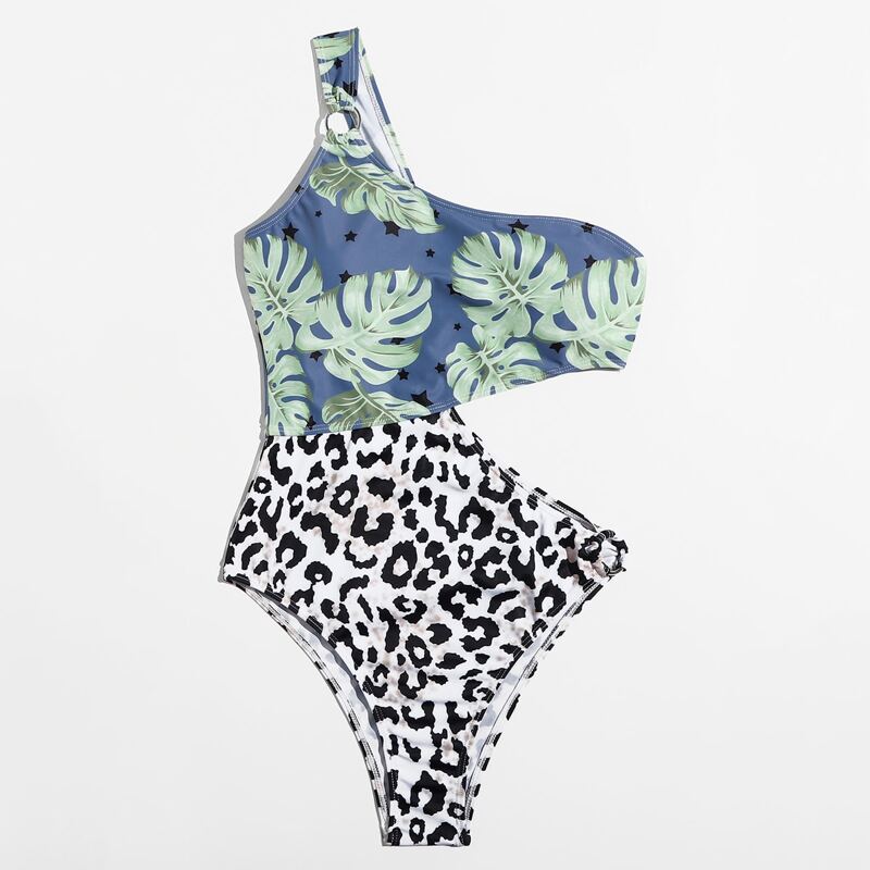 

Tropical Leopard Cut-out One Piece Swimsuit, Multicolor