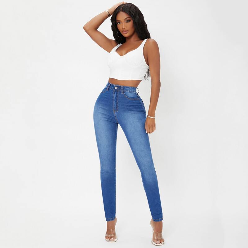 

High Waist Bleach Wash Skinny Jeans, Medium wash