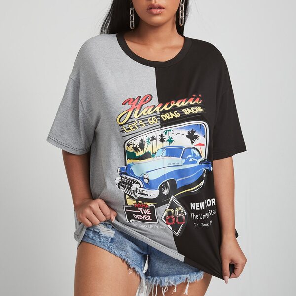 

Plus Two Tone Letter Graphic Oversized Tee, Multicolor