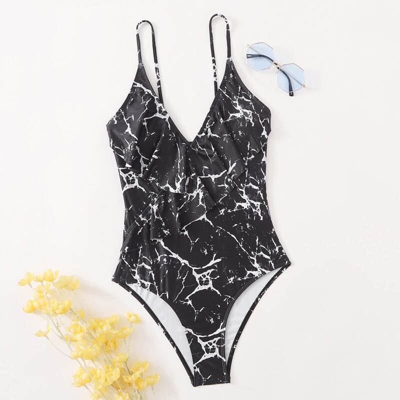 

Marble Pattern One Piece Swimsuit, Black