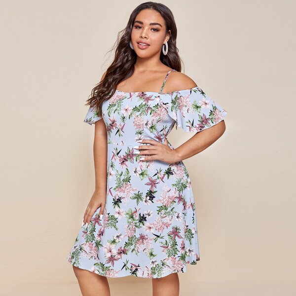 

Plus Allover Floral Print Cold Shoulder Dress, Blue
