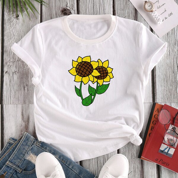 

Sunflower Print Crew Neck Tee, White