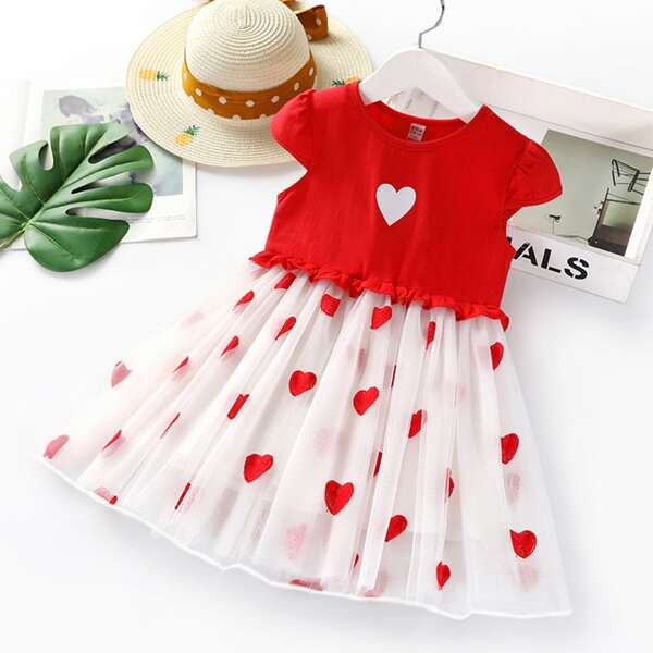 

Toddler Girls Heart Embroidery Contrast Mesh Smock Dress, Red and white