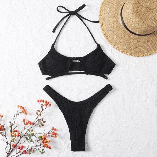 

Textured Halter High Cut Bikini Swimsuit, Black