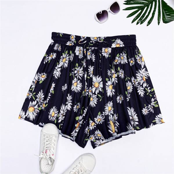 

Plus Daisy Floral Print Knot Waist Shorts, Navy blue