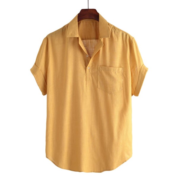 

Men Half Button Curved Hem Shirt, Yellow