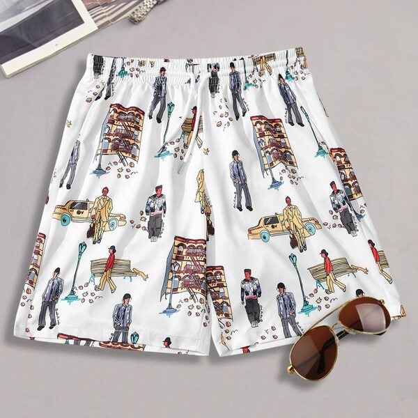 

Men Car & Figure Graphic Drawstring Waist Shorts, White