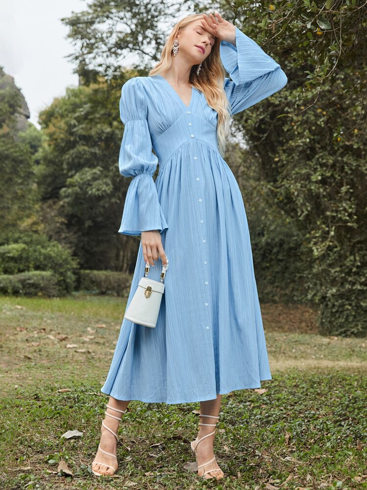 light blue bell sleeve dress Mulvari V Neck Button Front Prom dress