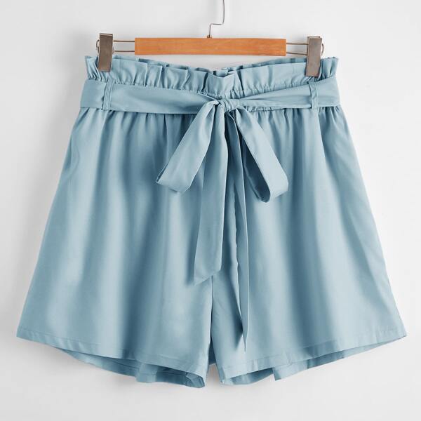 

Plus Solid Belted Paper Bag Waist Shorts, Baby blue