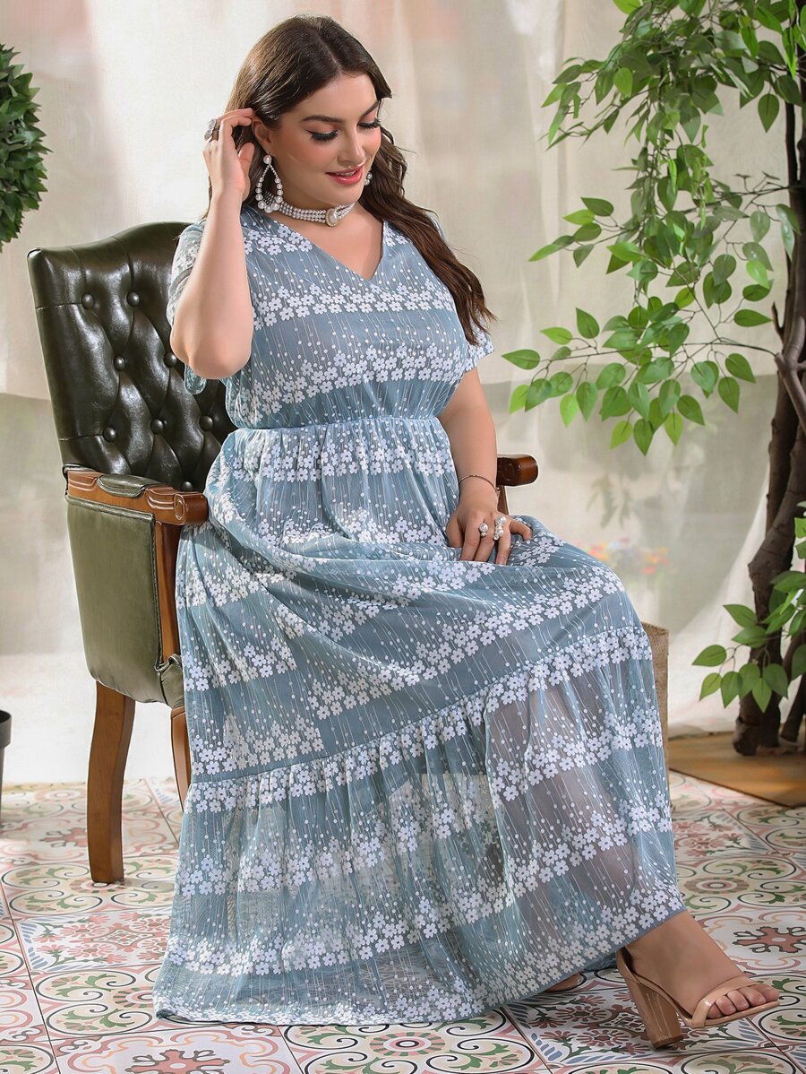 Plus Floral Print Maxi A-line Dress - Dusty Blue - View 1