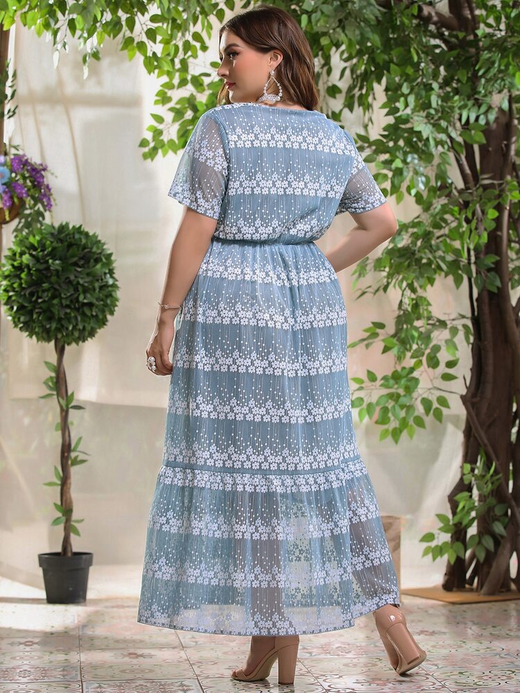 Vestido línea A maxi con estampado floral - Neblina azul - Añade 2
