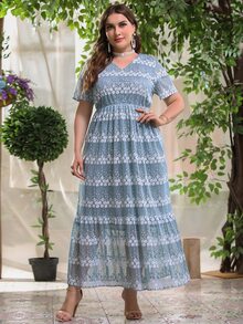 Plus Floral Print Maxi A-line Dress - Dusty Blue - View 3