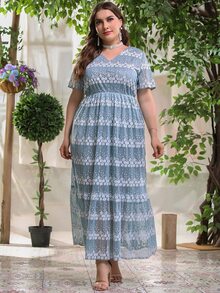 Plus Floral Print Maxi A-line Dress - Dusty Blue - View 4