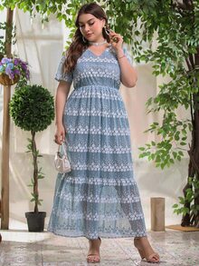 Plus Floral Print Maxi A-line Dress - Dusty Blue - View 5